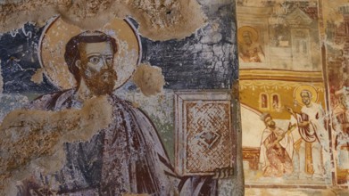 Post-Byzantine church of Agios Nikolaos from the 17th century AD, fresco of a saint with book,