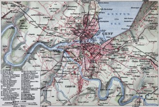Geneva, historical city map from 1906, Switzerland