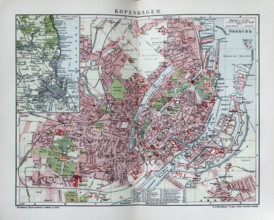 Copenhagen, historical city map from 1907, Denmark