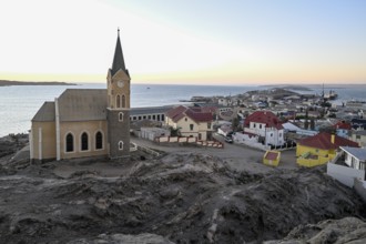 View of the rock church from 1912, blue hour, Lüderitz, Karas Region, Namibia