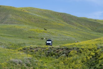 A black van stands alone in a meadow next to green and yellow hills under a blue sky, camper,
