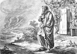 Abraham looks at the burning Sodom and Gomorrah in the distance, rising smoke, conflagration, hut,