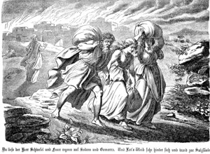 God rains brimstone and fire on Sodom and Gomorrah, Lot flees, his woman Sahra looks back and