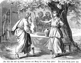 Abraham is to father a son, his woman Sahra overhears the conversation, garden scene, hut, three