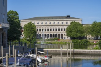 Town hall and town harbour, Mülheim an der Ruhr, Rur region, North Rhine-Westphalia, Germany