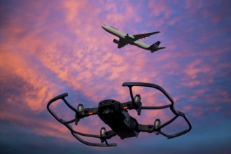 (Photomontage) Close-up of a drone in the evening sky, a Lufthansa aircraft in the background