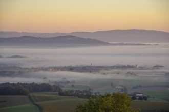 Sunrise and fog near the village of Mank, Kirnberg an der Mank, Lower Austria, Austria