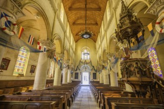 Church of Saint Martin decorated with flags and fishing nets, Yport, Département Seine-Maritime,