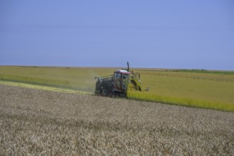 In the foreground grain field, behind it a linseed harvester, Yport, Seine-Maritime department,
