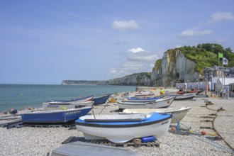 Simple wooden boats on the beach of, Yport, Département Seine-Maritime, France