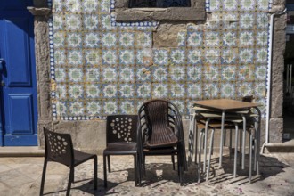 Restaurant furniture, for outdoor catering, tables, chairs, stacked, day off, catering closed, old