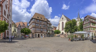 Half-timbered houses and church on the main square, Mosbach, Baden-Württemberg, Germany