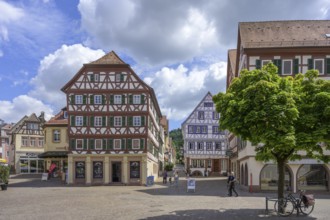 Half-timbered houses on the main square, Mosbach, Baden-Württemberg, Germany