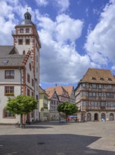 Half-timbered houses and town hall on the main square, Mosbach, Baden-Württemberg, Germany