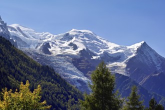 From left snow-covered Mont-Blanc, Vallot Hut, Dome du Goûter, Aiguille du Goûter,