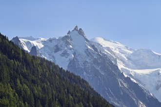 From left snow-covered Aiguille du Midi, Mont-Blanc, Vallot Hut, Chamonix-Mont-Blanc, Haute-Savoie,