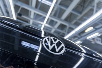 Electric car production in the assembly halls of VW in Zwickau. VW logo, Zwickau, Saxony, Germany