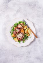 Grilled octopus with baked potatoes and fresh herbs, on a decorative light plate, homemade, no