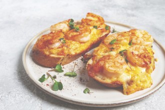 Sandwiches with shrimp and cheese, baked in the oven, with microgreens, breakfast, homemade, no