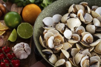 Cooking, vongole clams, in a pan with spices and white wine, top view, no people