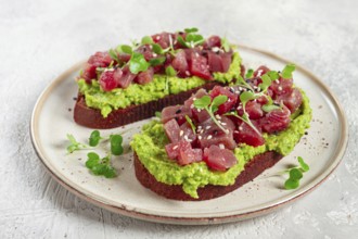 Toasts with fresh tuna and avocado, spread on black bread and sprinkled with microgreens,