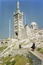 Neo-Byzantine architecture of basilica Notre Dame De La Garde church, Marseille, France, Europe,