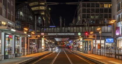 Night shot at the tram line at Friedrichstraße station, stop of lines M1 and M12, Berlin, Germany