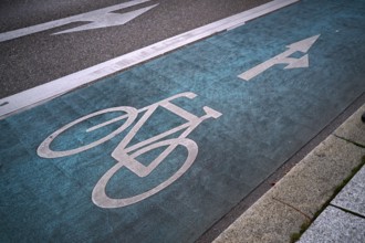 Cycle path, pictogram, logo, labelling, next to road, Stuttgart, Baden-Württemberg, Germany