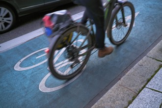 Bicycle, cyclist, rides on cycle path, pictogram, logo, labelling, next to road, car, motion