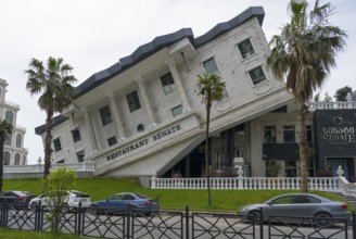A leaning building with a restaurant in an urban environment, surrounded by palm trees and parked