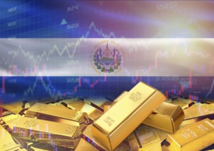 Gold bars on El Salvador flag in background. Gold bars stacked on Salvadoran flag. Concept of El