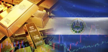 Gold bars stacked on Salvadoran flag. El Salvador gold reserves, Concept