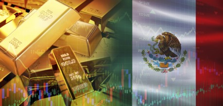 Gold bars stacked on Mexican flag. Mexico gold reserves, Concept