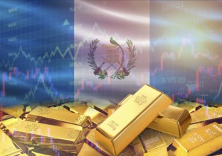 Gold bars on Guatemala flag in background. Gold bars stacked on Guatemalan flag. Concept of
