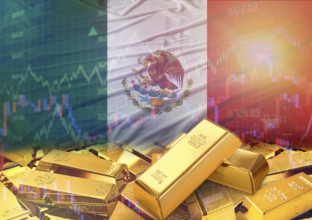 Gold bars on Mexico flag in background. Gold bars stacked on Mexican flag. Concept of Mexico gold