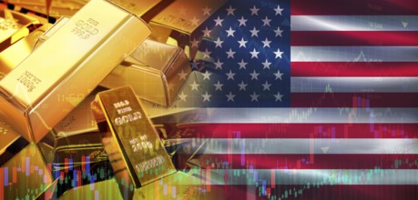 Gold bars stacked on American flag. United States gold reserves, Concept