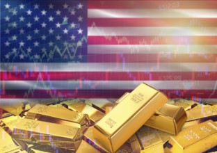 Gold bars on United States flag in background. Gold bars stacked on American flag. Concept of