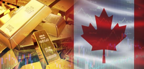 Gold bars stacked on Canadian flag. Canada gold reserves, Concept