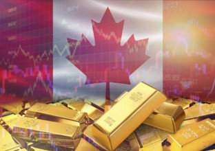 Gold bars on Canada flag in background. Gold bars stacked on Canadian flag. Concept of Canada gold