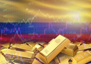 Gold bars on Colombia flag in background. Gold bars stacked on Colombian flag. Concept of Colombia