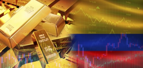 Gold bars stacked on Colombian flag. Colombia gold reserves, Concept