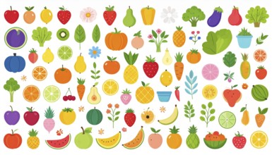 Spring and summer fruit and vegetable element set, vector illustration, AI generated