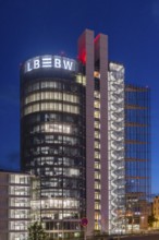 Building in the evening. Landesbank Baden-Württemberg on Heilbronner Straße. The bank's logo on the