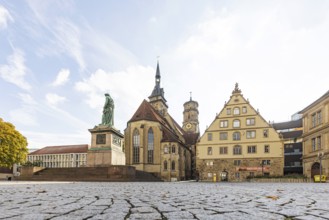 Schillerplatz Stuttgart with collegiate church, Schiller memorial and fruit box. City view of