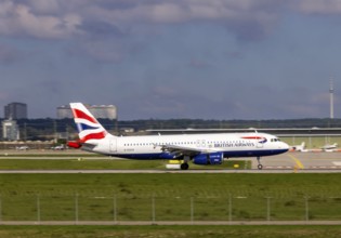 Flight operations at Stuttgart Airport. Aircraft on landing. Aircraft registration G-EUUA, British