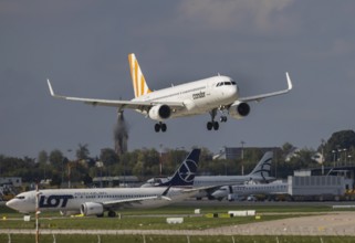 Flight operations at Stuttgart Airport. Aircraft on landing. Aircraft registration number: LZ-FBK,