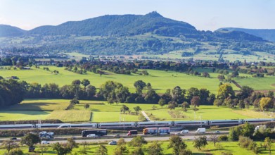 Landscape in the foothills of the Swabian Alb with the new Deutsche Bahn AG railway line from