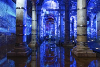 Light show in the historic Theodosius Cistern Serefiye Sarnici in Istanbul, Turkey