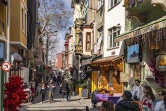 Cafe and shops in the colourful Balat district, Istanbul, Turkey