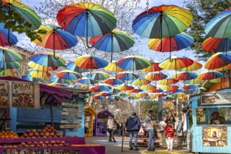 Colourful umbrellas over the Balat Antik Cafe in the Balat district, Istanbul, Turkey